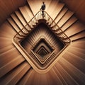 image of looking down, a paradoxical illusion, a wooden spiral staircase and someone walking.