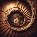 image of looking down, a paradoxical illusion, a wooden spiral staircase and someone walking.