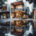 image of modern building structure reflection flawlessly captured inside the water puddle. Royalty Free Stock Photo