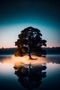image of the painterly tree around the foggy lake in the late night. Royalty Free Stock Photo