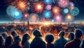 people in silhouettes looking up the colorful fireworks exploding in the night sky above rooftops. Royalty Free Stock Photo