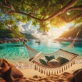 a relaxing swing hammock at tropical landscape with crystal water background and lush vegetation. Royalty Free Stock Photo