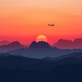 the silhouette of a taildragger on the horizon flying towards the setting sun. Royalty Free Stock Photo