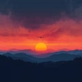 the silhouette of a taildragger on the horizon flying towards the setting sun. Royalty Free Stock Photo