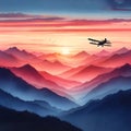 the silhouette of a taildragger on the horizon flying towards the setting sun. Royalty Free Stock Photo