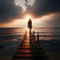 image of a solitary figure standing at the end of the jetty, the sun\'s last rays of light illuminating the distant horizon.