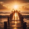 image of a solitary figure standing at the end of the jetty, the sun\'s last rays of light illuminating the distant horizon. Royalty Free Stock Photo