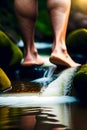 image of someone bare feet soaking and walking in a flowing river stream.