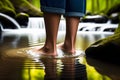 image of someone bare feet soaking and walking in a flowing river stream.