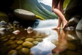 image of someone bare feet soaking and walking in a flowing river stream.