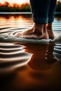 image of someone bare feet soaking and walking in a flowing river stream.