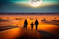 someone walking on the surface of the desert with moon in the far distance.