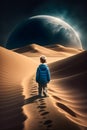 someone walking on the surface of the desert with moon in the far distance.