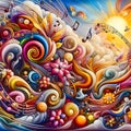 image of surrealism fantastic swirling imagination music flowers sunny happiness joyful journey beautiful life.