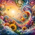 image of surrealism fantastic swirling imagination music flowers sunny happiness joyful journey beautiful life.