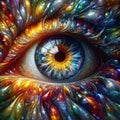 image of a translucent eye with a kaleidoscope of bold, vibrant colors radiating outward.