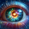 image of a translucent eye with a kaleidoscope of bold, vibrant colors radiating outward.