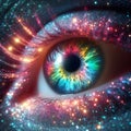 image of a translucent eye with a kaleidoscope of bold, vibrant colors radiating outward.