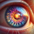 image of a translucent eye with a kaleidoscope of bold, vibrant colors radiating outward.