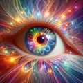 image of a translucent eye with a kaleidoscope of bold, vibrant colors radiating outward.