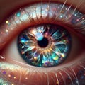 image of a translucent eye with a kaleidoscope of bold, vibrant colors radiating outward.