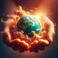 image within two hands lies a miniature surreal planet earth surrounded by glowing clouds. Royalty Free Stock Photo