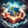 image within two hands lies a miniature surreal planet earth surrounded by glowing clouds. Royalty Free Stock Photo
