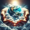 image within two hands lies a miniature surreal planet earth surrounded by glowing clouds. Royalty Free Stock Photo