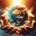 image within two hands lies a miniature surreal planet earth surrounded by glowing clouds. Royalty Free Stock Photo