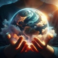 image within two hands lies a miniature surreal planet earth surrounded by glowing clouds. Royalty Free Stock Photo