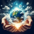 image within two hands lies a miniature surreal planet earth surrounded by glowing clouds. Royalty Free Stock Photo