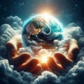 image within two hands lies a miniature surreal planet earth surrounded by glowing clouds. Royalty Free Stock Photo