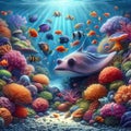 image of an underwater scene teeming with colorful coral, many fishes and a gentle sea creature. Royalty Free Stock Photo