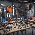 image of various messiest workshop fully filled with all kind of different messy environmental scene.