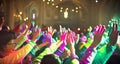 image of the a vast crowd of hands, illuminated by a dreamy and foggy light towards the front auditorium.