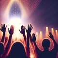 image of the a vast crowd of hands, illuminated by a dreamy and foggy light towards the front auditorium.