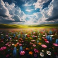 image of a vibrant field of wildflowers stretching to the horizon beneath a cloudy blue sky. Royalty Free Stock Photo