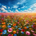 image of a vibrant field of wildflowers stretching to the horizon beneath a cloudy blue sky. Royalty Free Stock Photo