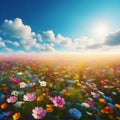 image of a vibrant field of wildflowers stretching to the horizon beneath a cloudy blue sky. Royalty Free Stock Photo
