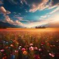 image of a vibrant field of wildflowers stretching to the horizon beneath a cloudy blue sky. Royalty Free Stock Photo