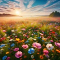 image of a vibrant field of wildflowers stretching to the horizon beneath a cloudy blue sky. Royalty Free Stock Photo