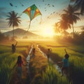 image of village kids flying kite around their paddy field area. Royalty Free Stock Photo