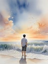 image of the watercolor painting back view of a man looks out over the crashing waves at the seaside.