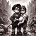 a whimsical caricature child in the foreground with spoiled padded doll in arm with filthy city environment after war. Royalty Free Stock Photo
