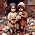 a whimsical caricature child in the foreground with spoiled padded doll in arm with filthy city environment after war. Royalty Free Stock Photo
