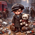 a whimsical caricature child in the foreground with spoiled padded doll in arm with filthy city environment after war. Royalty Free Stock Photo