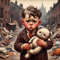 a whimsical caricature child in the foreground with spoiled padded doll in arm with filthy city environment after war. Royalty Free Stock Photo