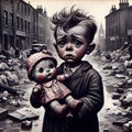 a whimsical caricature child in the foreground with spoiled padded doll in arm with filthy city environment after war. Royalty Free Stock Photo