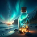 image of a whimsical world contained within a bottle drifting along the shores.