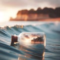 image of a whimsical world contained within a bottle drifting along the shores.